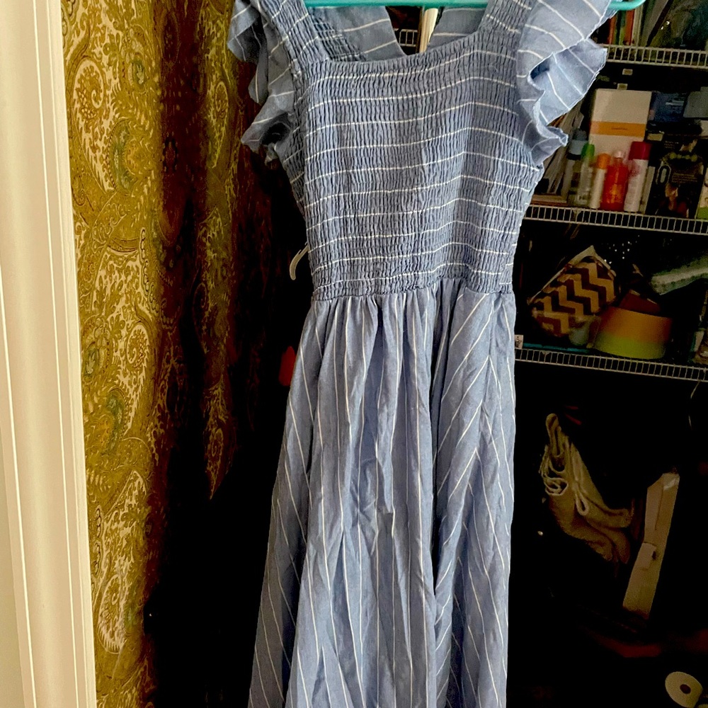 Simplee summer blue dress with white stripes ,100-% cotton , size Small